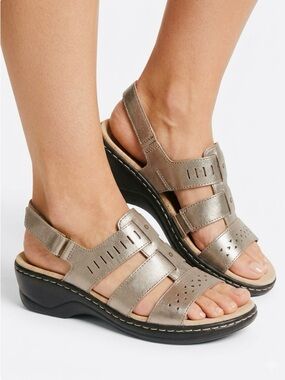 New Clarks Lexi Qwin Metallic Leather Slingback Wedge Comfort Sandals Sz 12